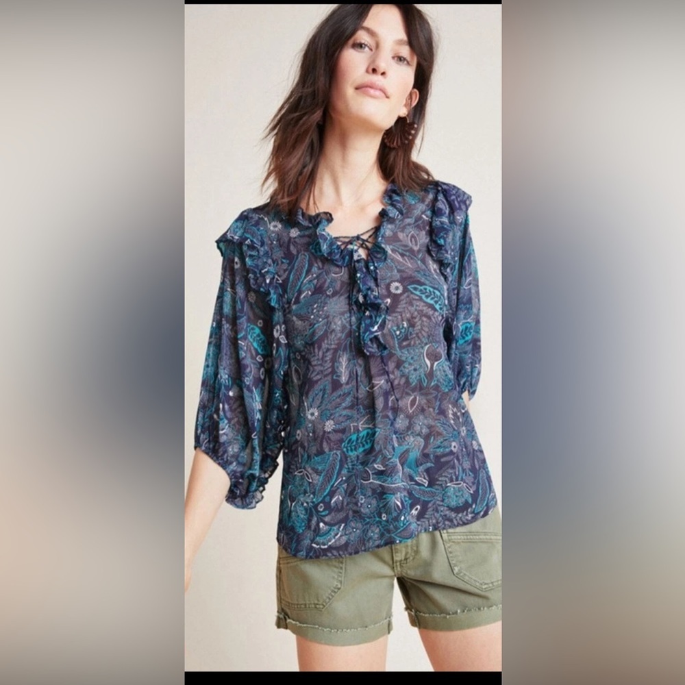 Anthropologie Top Haida Floral Peasant Top floral sheer blouse size Small